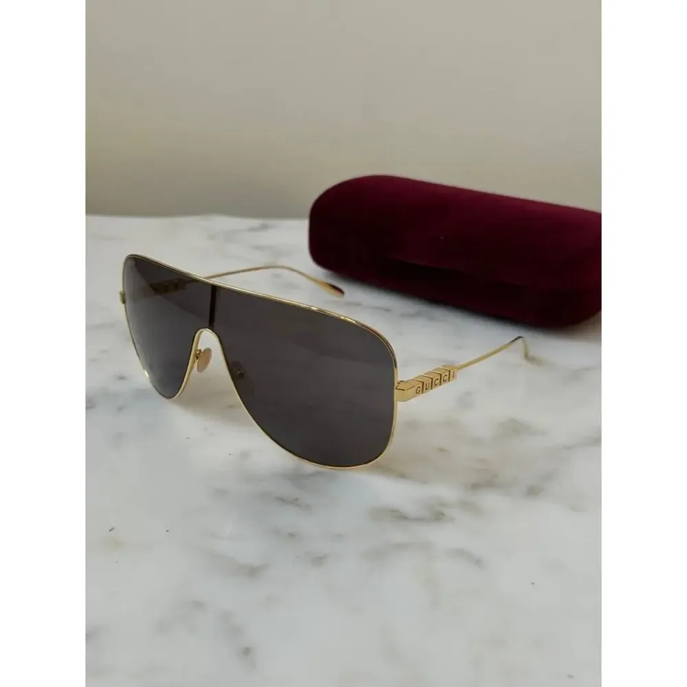 NEW Gucci GG1436S Gold Metal Shield Grey Lens Sunglasses